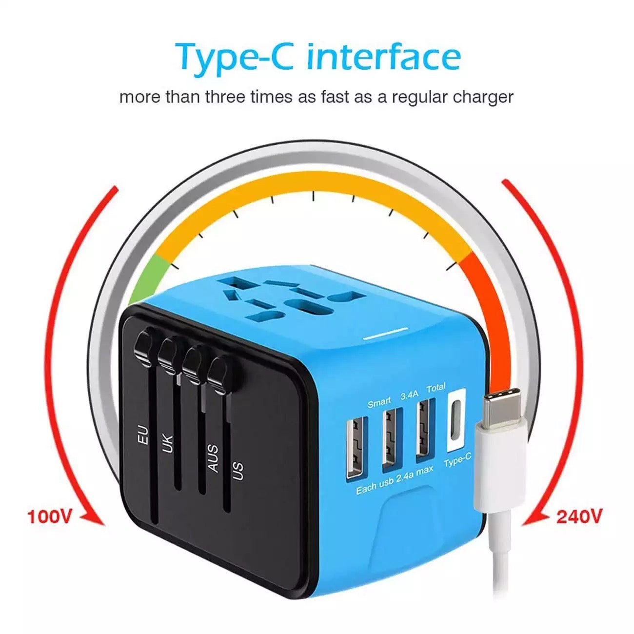 Type-C 3 USB Charger Universal World Travel Adapter EU UK AU US Plug Converter