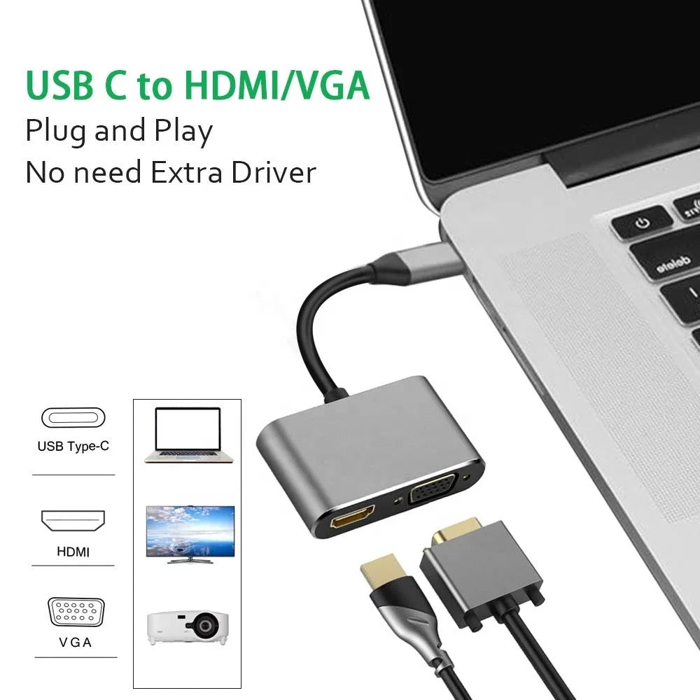 2 in 1 USB Type-C Thunderbolt 3 to 4K HDMI VGA Adapter
