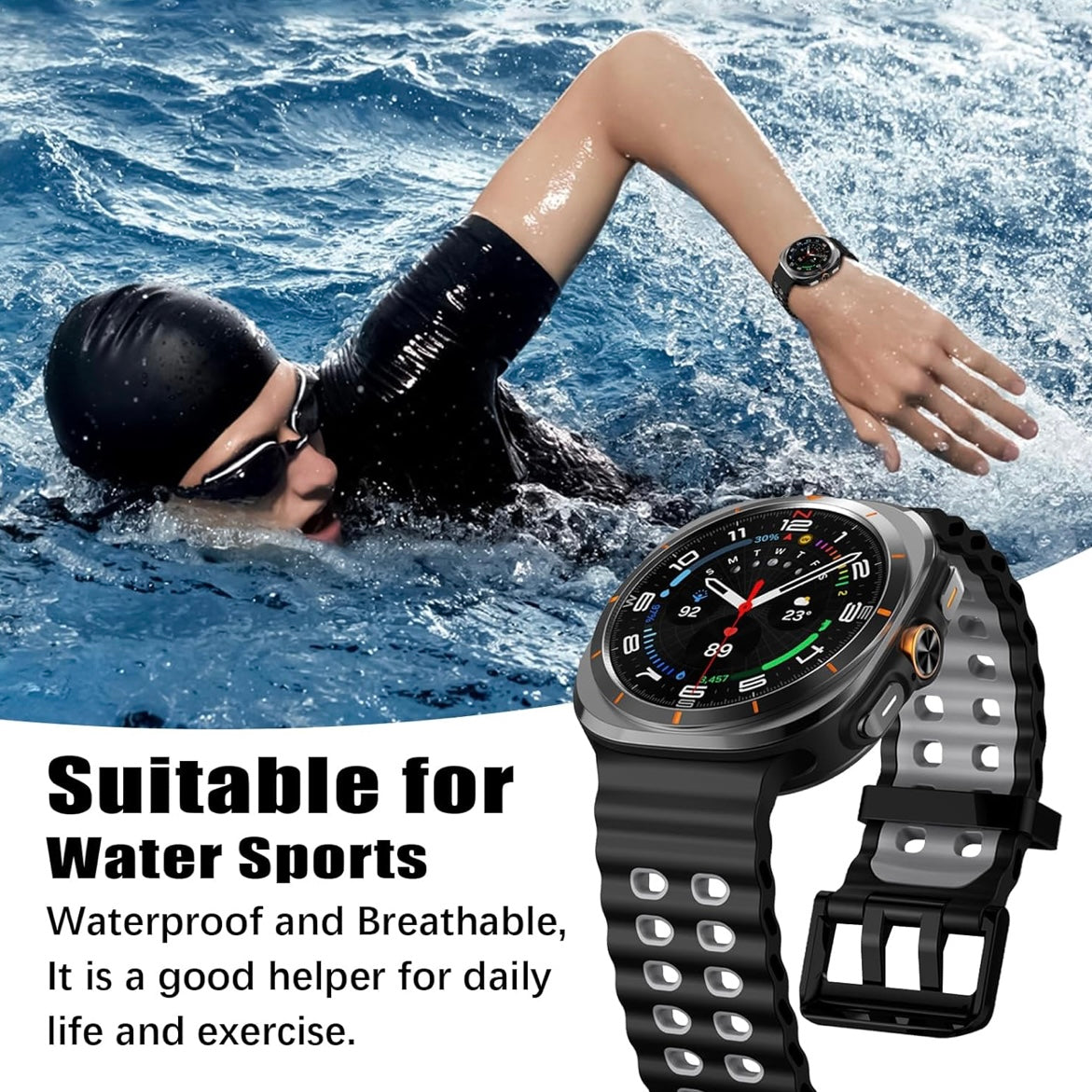 Rugged Breathable Sport Band Soft Silicone Waterproof For Samsung Galaxy Watch Ultra 47mm - Black