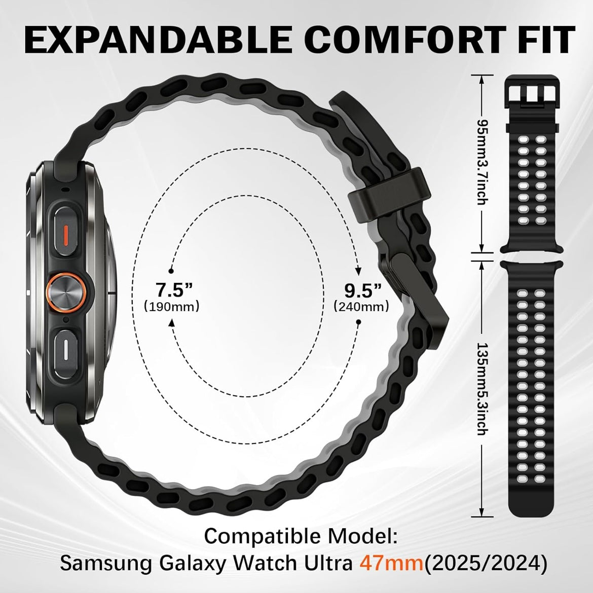 Rugged Breathable Sport Band Soft Silicone Waterproof For Samsung Galaxy Watch Ultra 47mm - Black