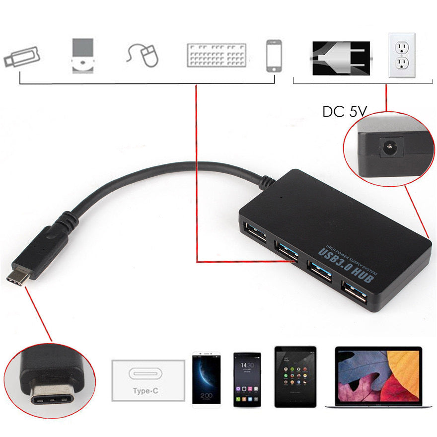 Multi USB Type C To USB 3.0 Hub 4 Ports Slim Adapter 5Gbps For PC Laptop Tablet