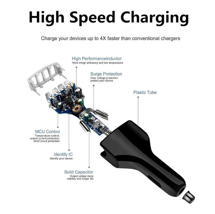 Fast Charge QC3.0 Car Charger 4 USB Ports Power Adapter Cigarette Lighter Socket