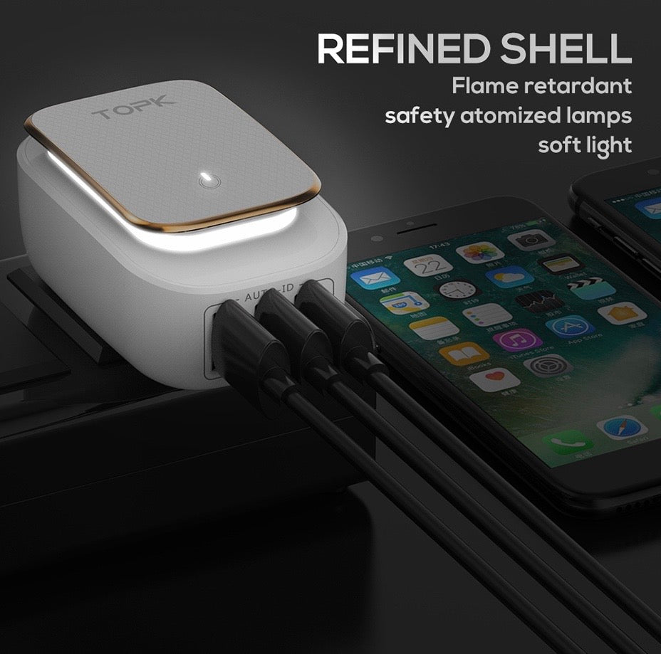 TOPK Wall Charger Travel Adapter AU Plug 3.4A 3 USB With LED Touch Night Light