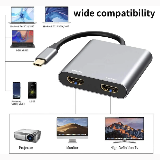USB C Dual HDMI Adapter 4K, USB C to HDMI Dual Monitor Adapter 2 HDMI Hub Converter for Dell HP Surface Lenovo MacBook Type C Laptops