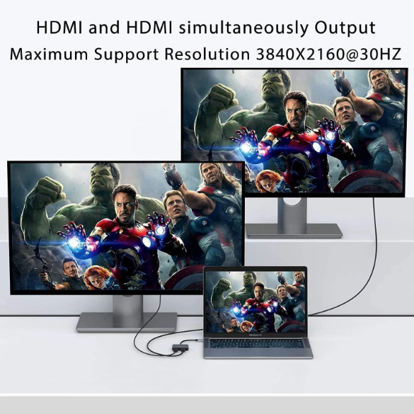 USB C Dual HDMI Adapter 4K, USB C to HDMI Dual Monitor Adapter 2 HDMI Hub Converter for Dell HP Surface Lenovo MacBook Type C Laptops