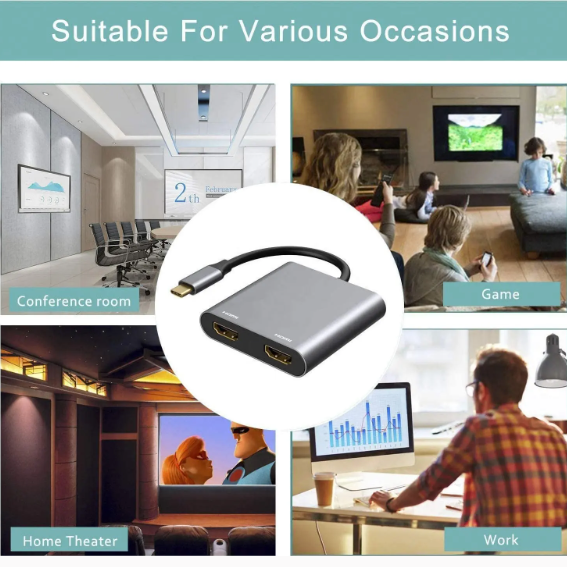 USB C Dual HDMI Adapter 4K, USB C to HDMI Dual Monitor Adapter 2 HDMI Hub Converter for Dell HP Surface Lenovo MacBook Type C Laptops