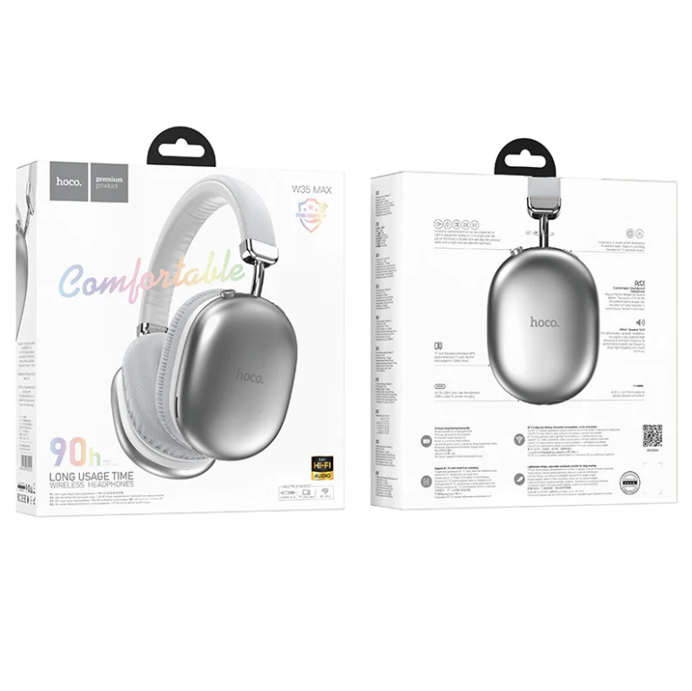 (Local Pickup only) HOCO W35 MAX Wireless HiFi Music Headphone 42mm Coil Speaker Bluetooth 5.3 Sport Headset Support AUX/TF Card Mode - Silver