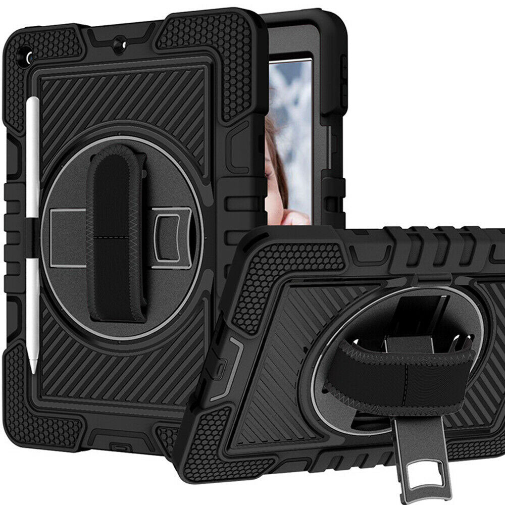 For iPad Rugged Stand Hard Case Shockproof Hybrid Cover + Strap