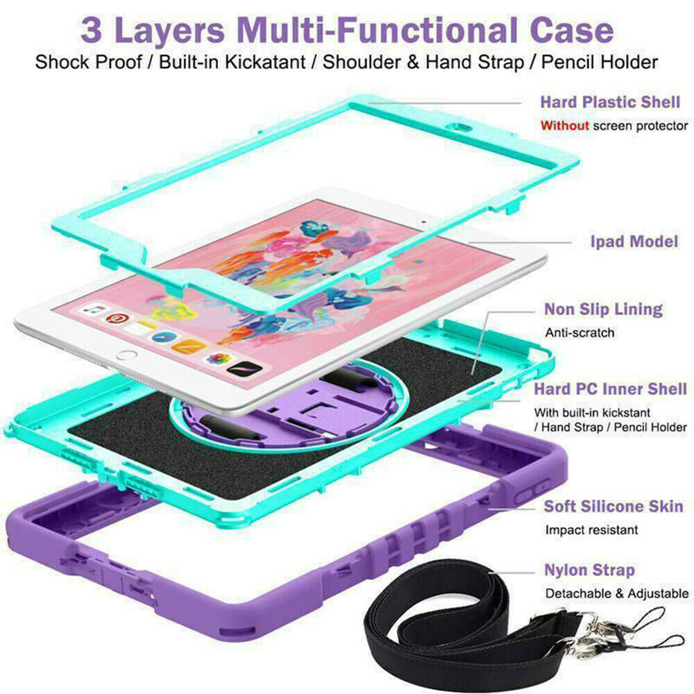 For iPad Rugged Stand Hard Case Shockproof Hybrid Cover + Strap