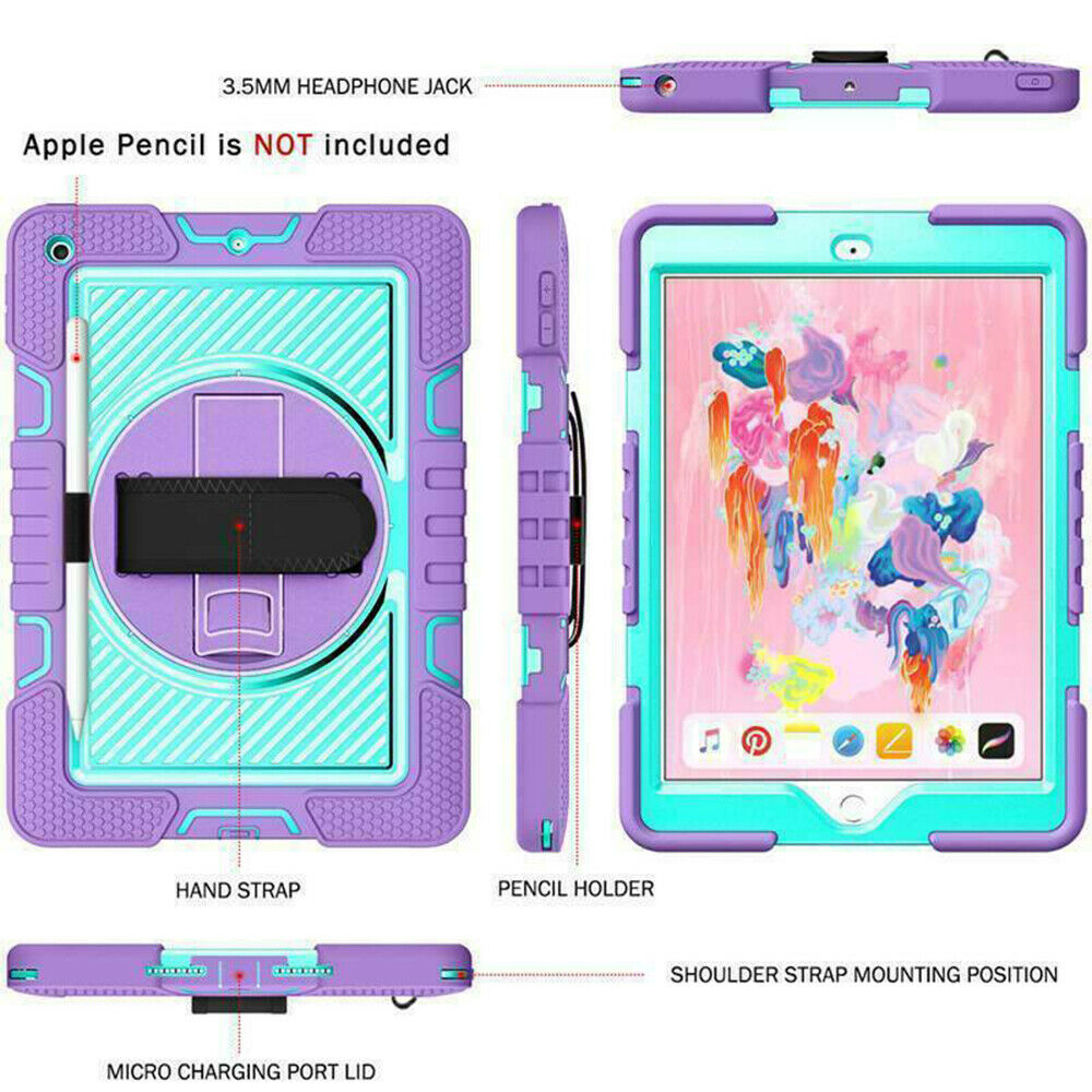 For iPad Rugged Stand Hard Case Shockproof Hybrid Cover + Strap