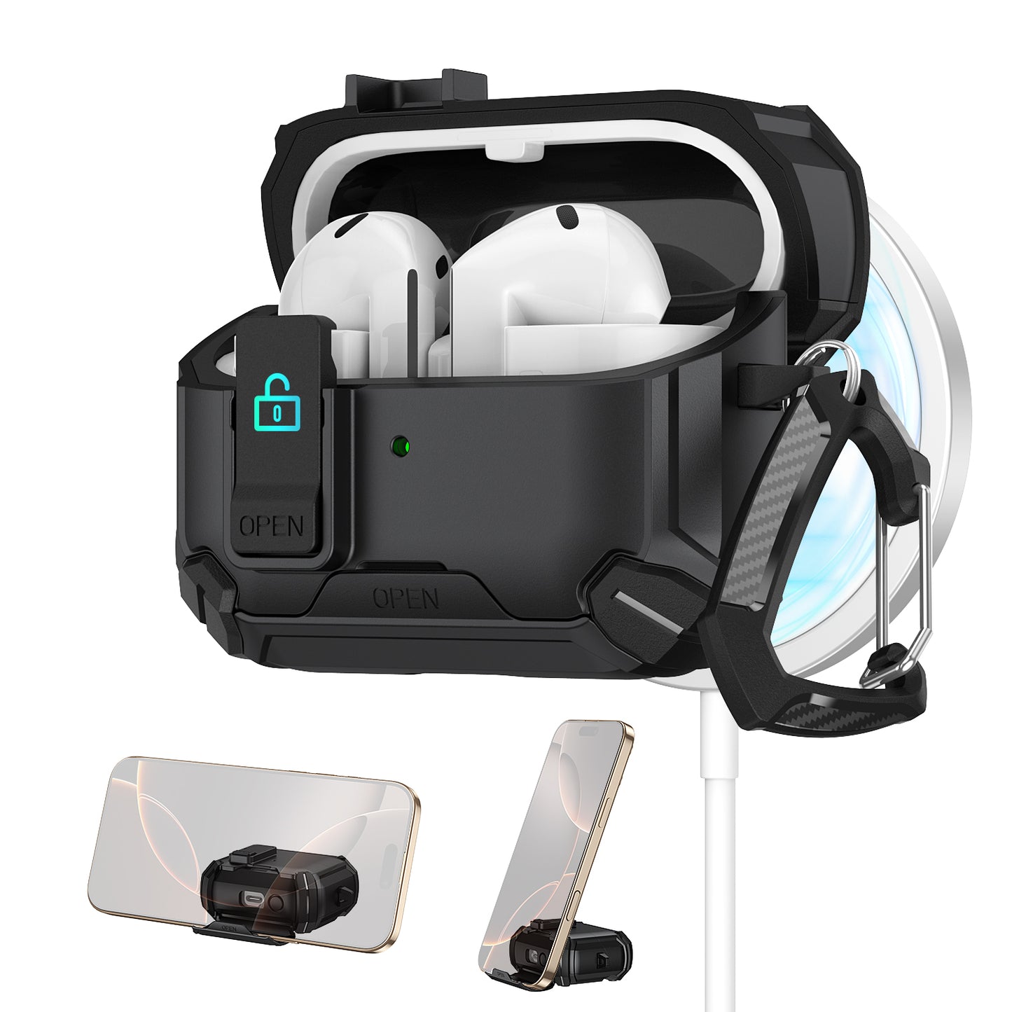 For Galaxy Buds 3 / 3 Pro Case with Lock Lid & Stand, Shockproof Protective Cover (Black)