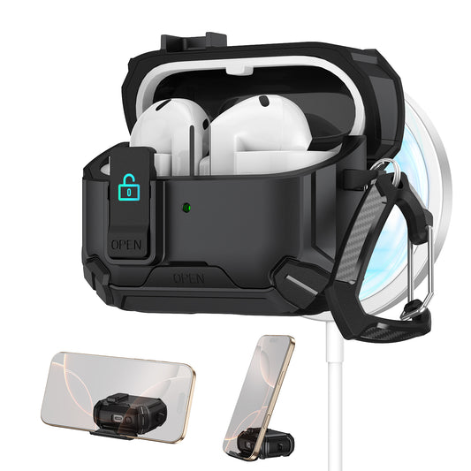 For Galaxy Buds 3 / 3 Pro Case with Lock Lid & Stand, Shockproof Protective Cover (Black)