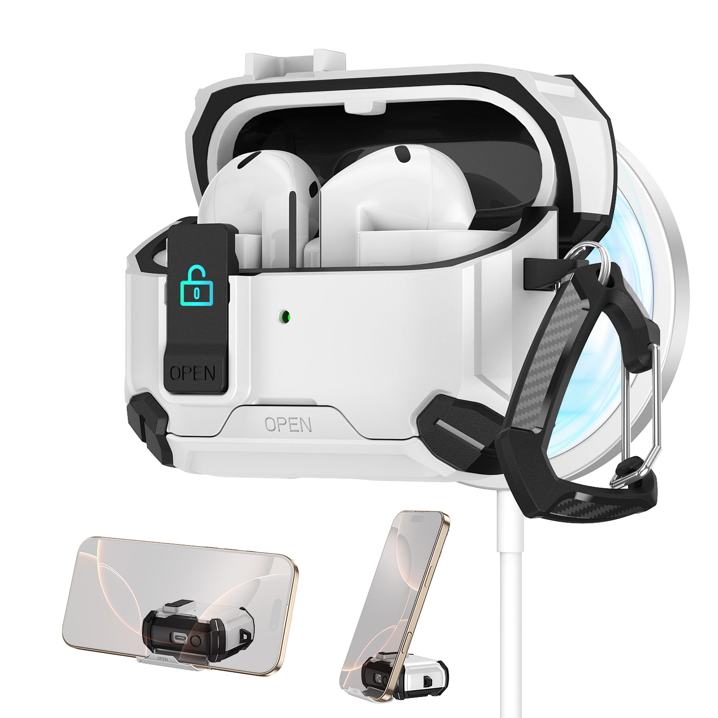 For Galaxy Buds 3 / 3 Pro Case with Lock Lid & Stand, Shockproof Protective Cover (White)