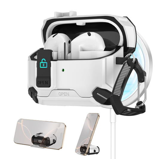 For Galaxy Buds 3 / 3 Pro Case with Lock Lid & Stand, Shockproof Protective Cover (White)