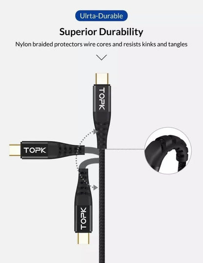 TOPK 3A Fast Charging USB Type-C to Type-C Charger Cable PD18W Gold Plate Nylon