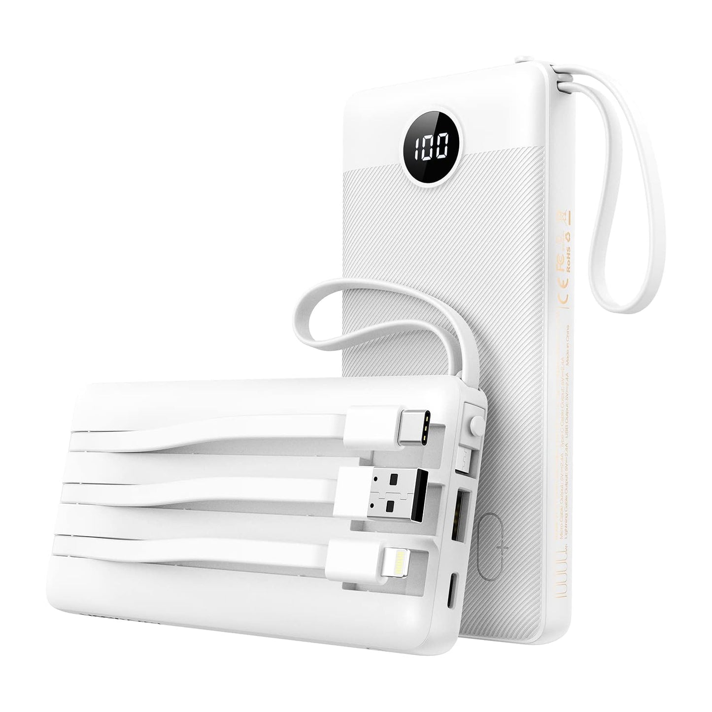 VEEKTOMX Power Bank 10,000mAh with Built-in Cables (White)