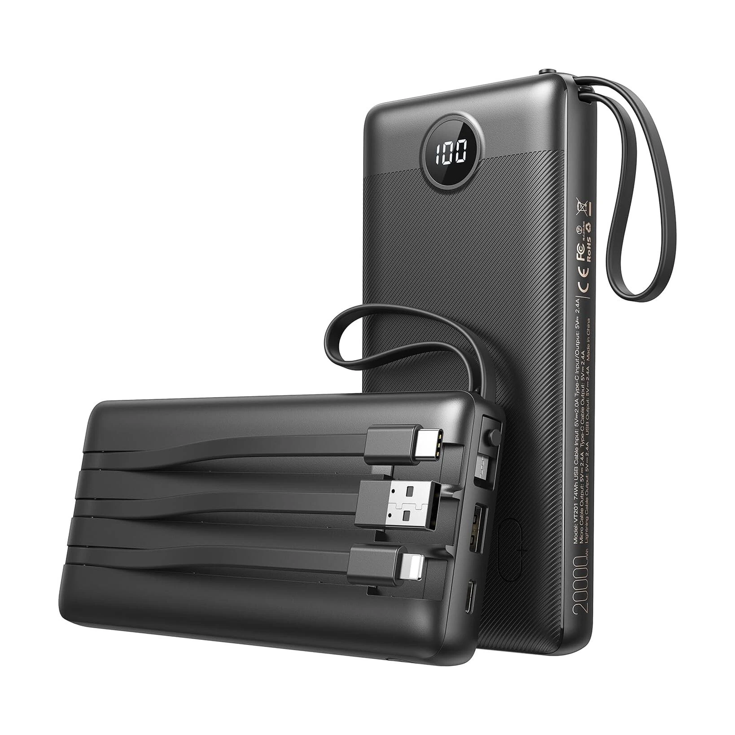 VEEKTOMX Power Bank 20,000mAh with Built-in Cables (Black)