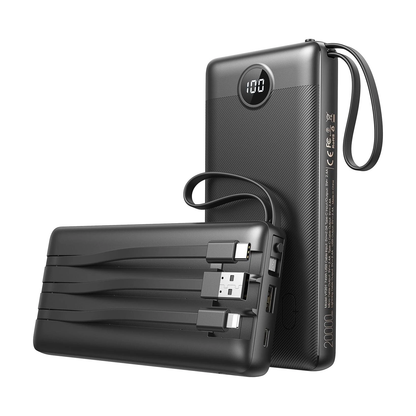 VEEKTOMX Power Bank 20,000mAh with Built-in Cables (Black)