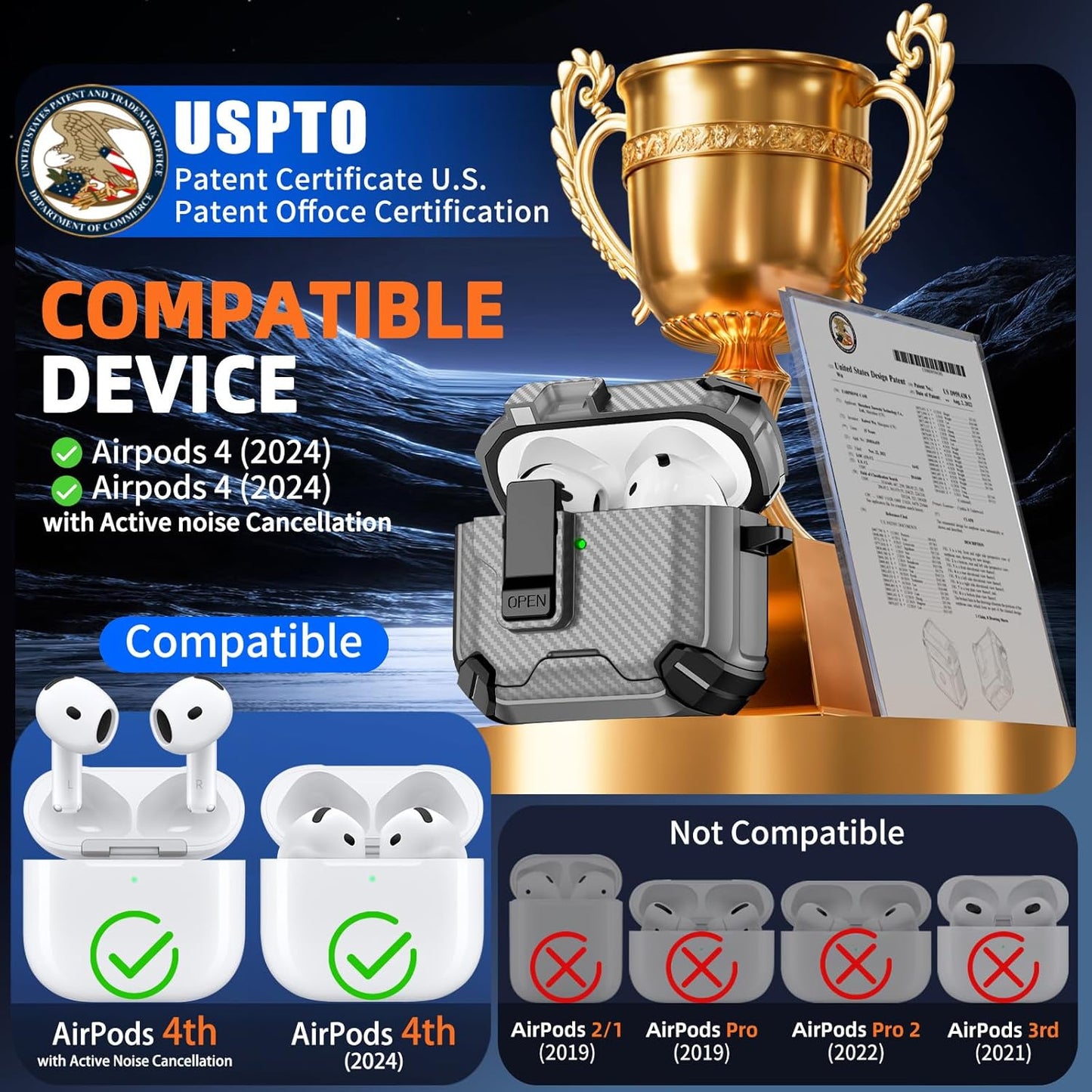 For Airpods 4 Gen (2024) Case with Lock Lid & Stand, Shockproof Protective Cover (Grey)