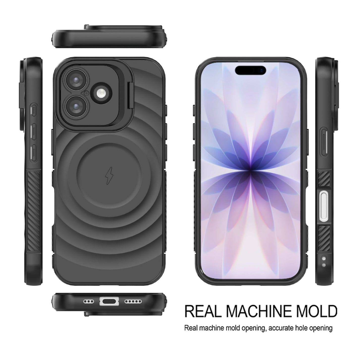 For Apple iPhone 17 Magnetic Magsafe Case Back Camera Holder Ripple Cover (Black)