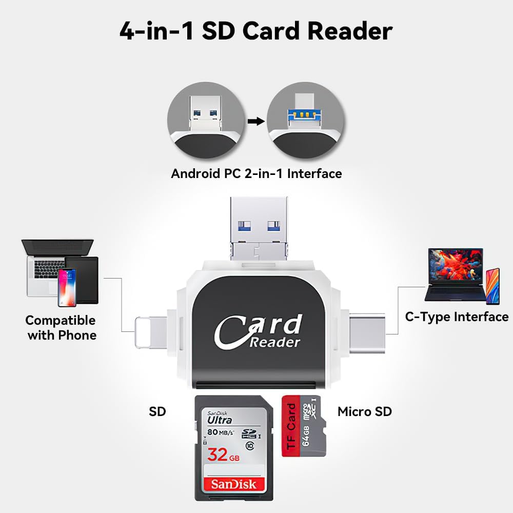 4 In 1 High-Speed Micro SD Card Reader Flash Drive For iPhone iPad Android Type C