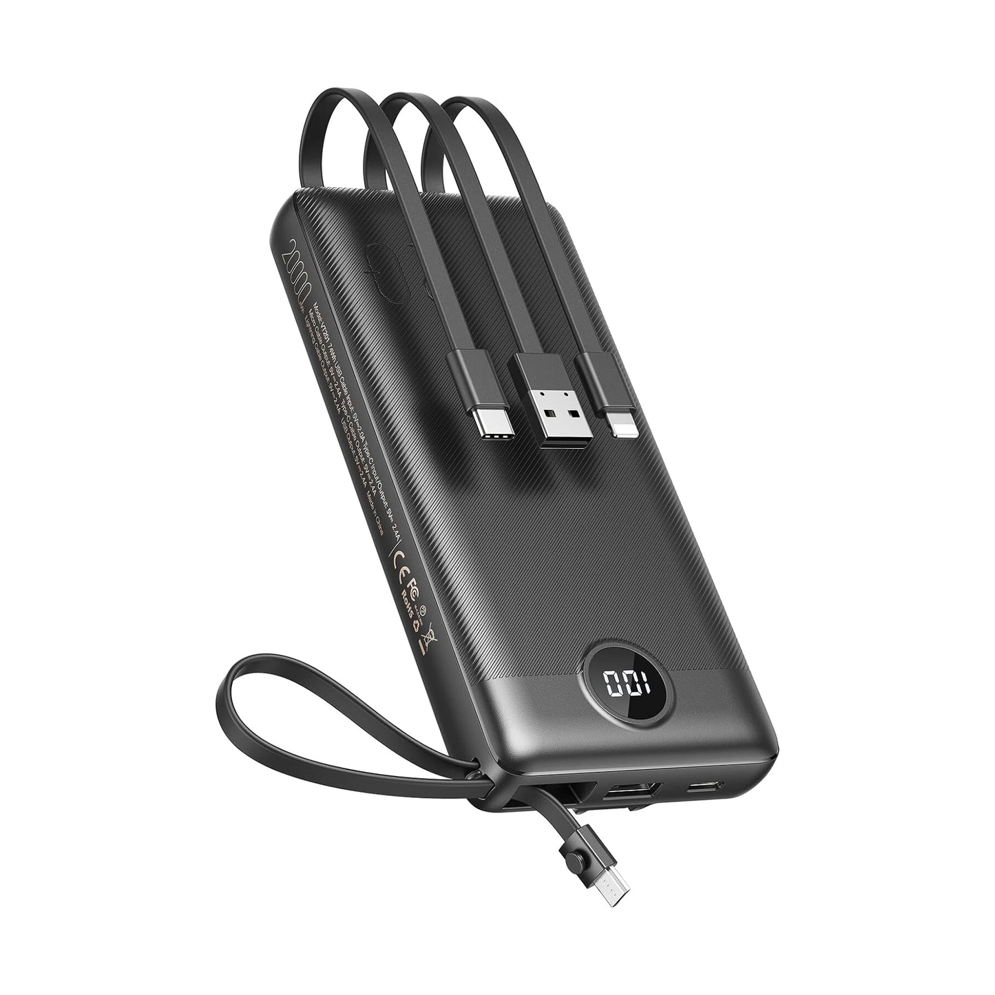 VEEKTOMX Power Bank 20,000mAh with Built-in Cables (Black)