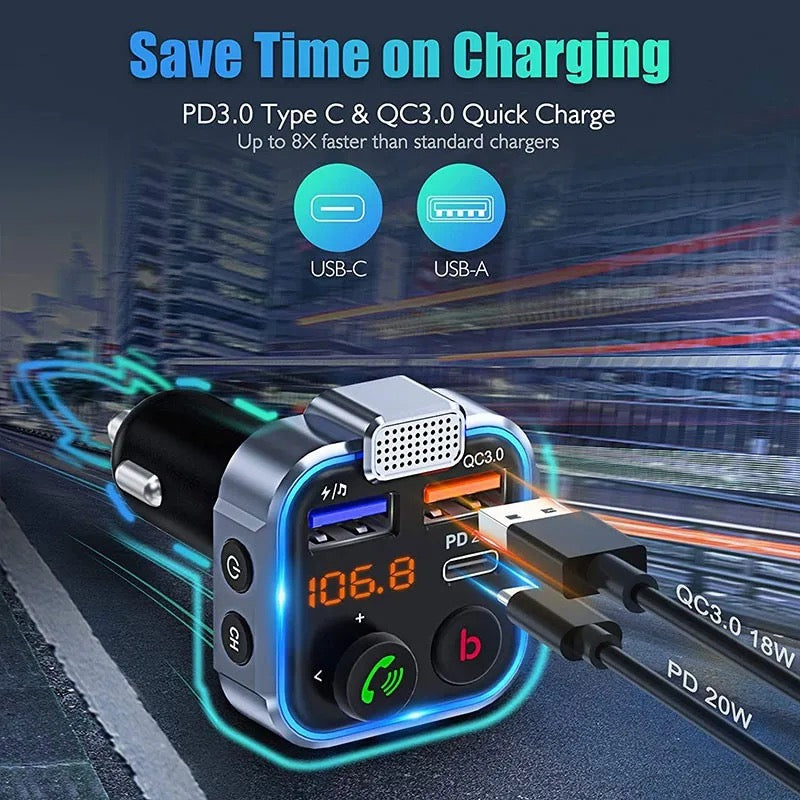 Bluetooth FM Transmitter QC3.0 PD USB-C Car Charger Wireless RGB Backlit Adapter