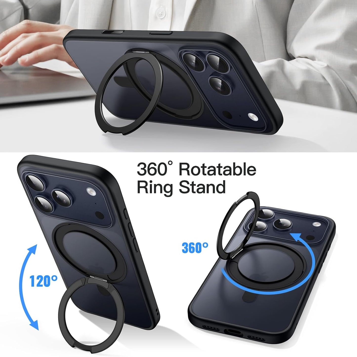 For iPhone 17 Pro (6.3") Magnetic MagSafe Shockproof Case Ring Stand Black Cover