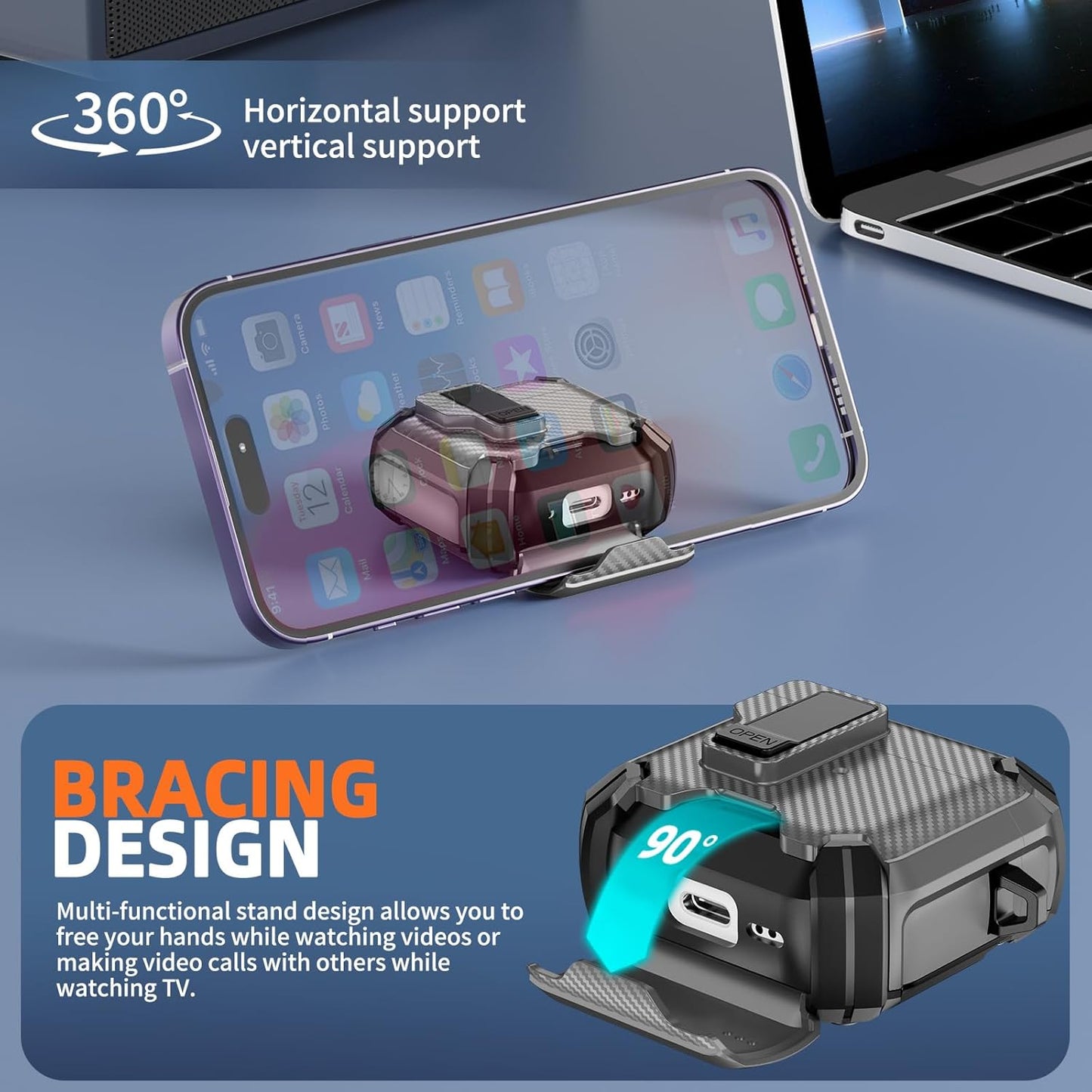 For Airpods 4 Gen (2024) Case with Lock Lid & Stand, Shockproof Protective Cover (Grey)