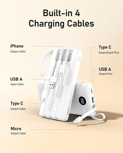 VEEKTOMX Power Bank 10,000mAh with Built-in Cables (White)