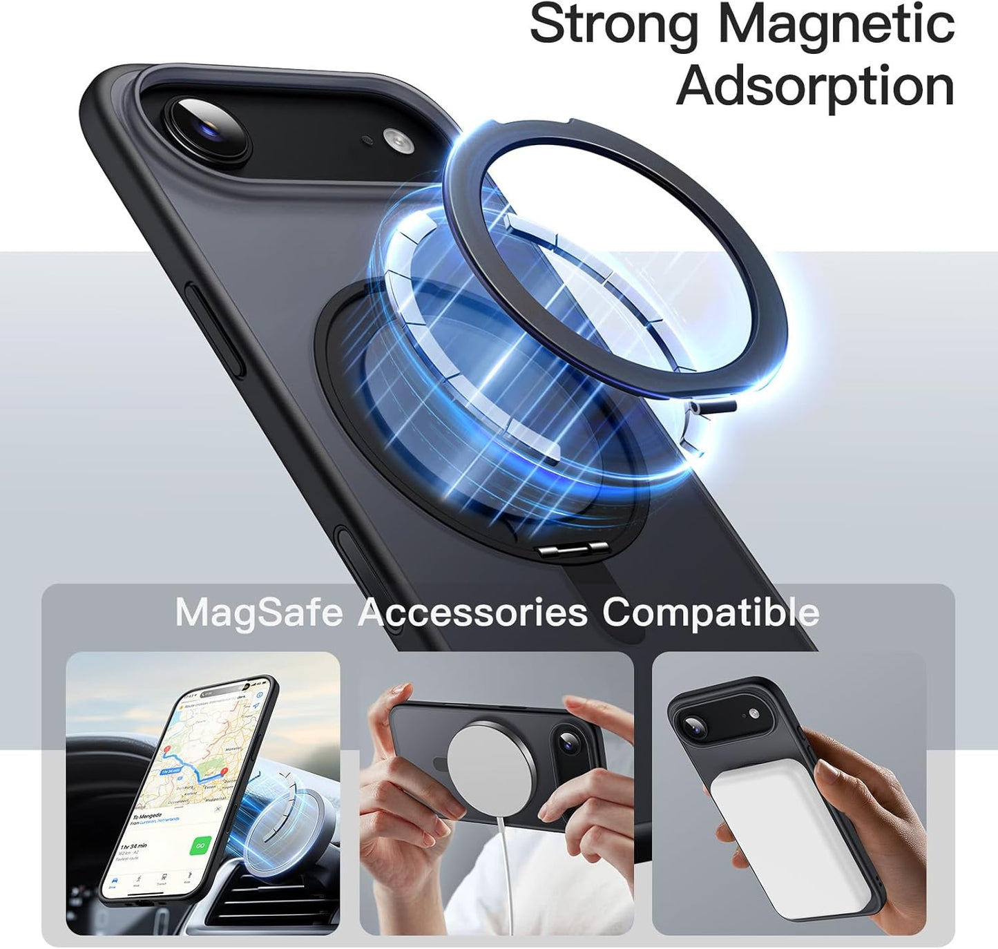 For iPhone 17 Air (6.5") Magnetic MagSafe Shockproof Case Ring Stand Black Cover