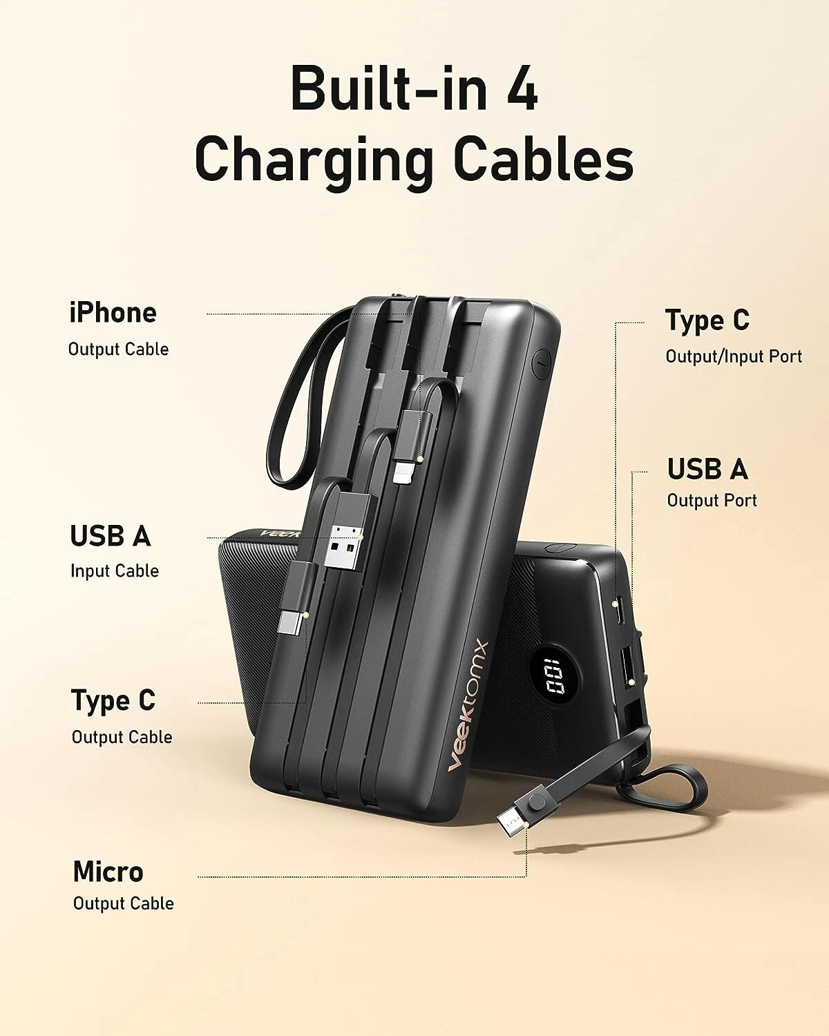 VEEKTOMX Power Bank 20,000mAh with Built-in Cables (Black)