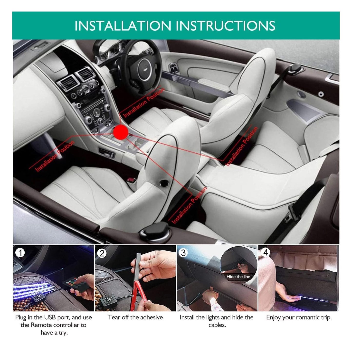 LED Car Interior Footwell 8 Colours RGB Car Atmosphere Lamp Decor Strip Light