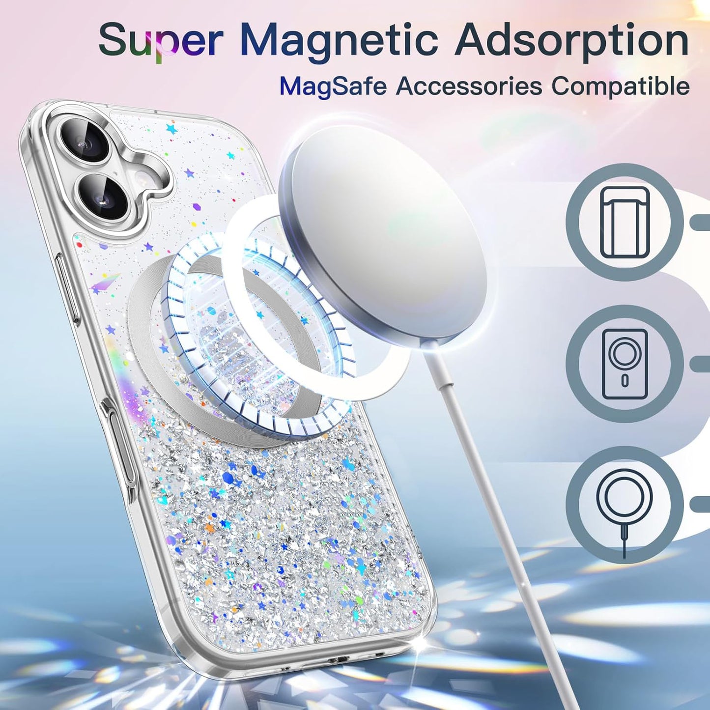 iPhone 17 (6.3") Glitter Case Clear MagSafe Compatible Sparkly Shockproof Bling Phone Cover