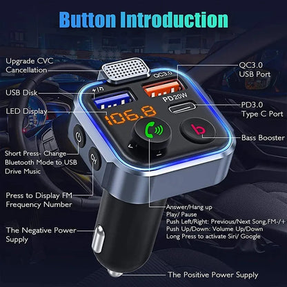 Bluetooth FM Transmitter QC3.0 PD USB-C Car Charger Wireless RGB Backlit Adapter