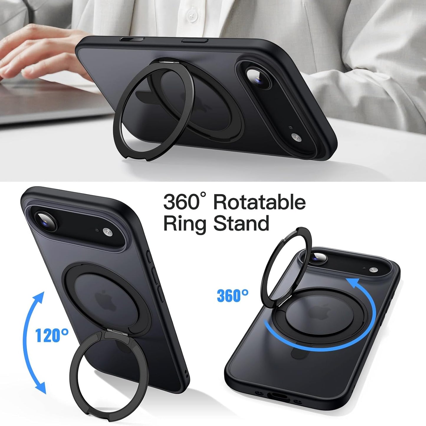 For iPhone 17 Air (6.5") Magnetic MagSafe Shockproof Case Ring Stand Black Cover