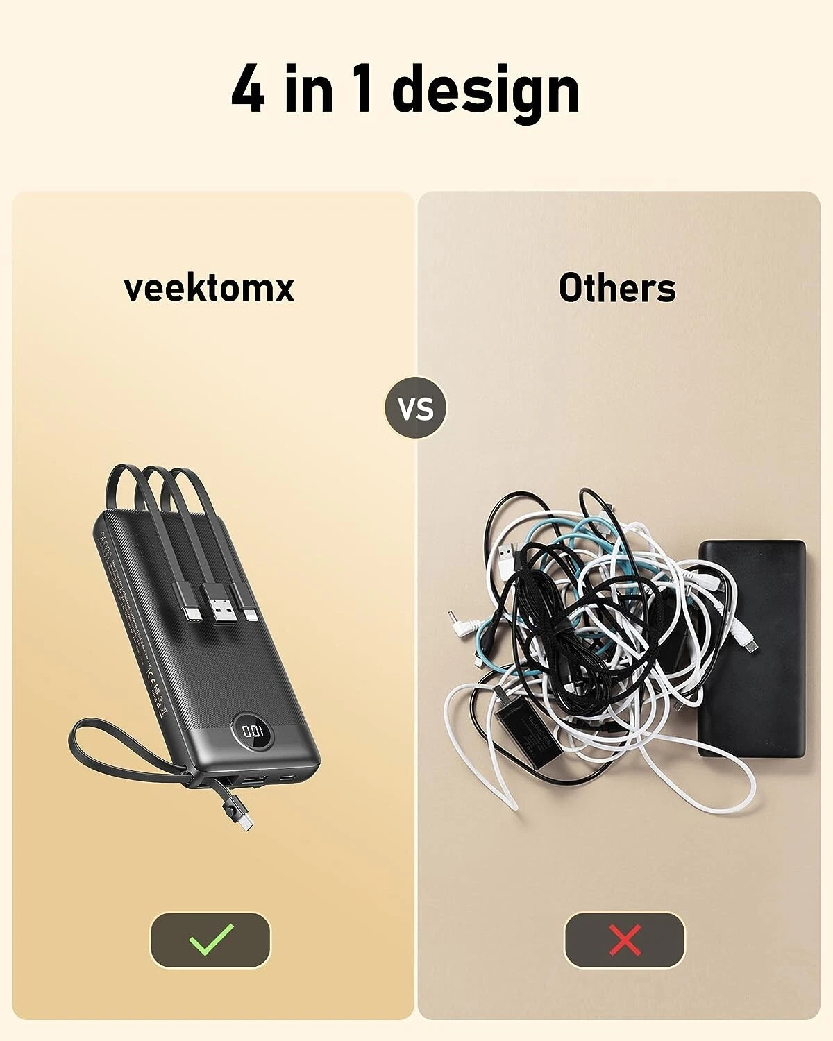 VEEKTOMX Power Bank 20,000mAh with Built-in Cables (Black)
