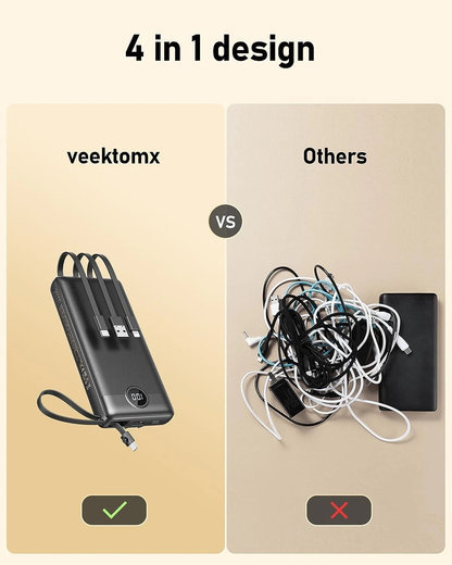 VEEKTOMX Power Bank 20,000mAh with Built-in Cables (Black)