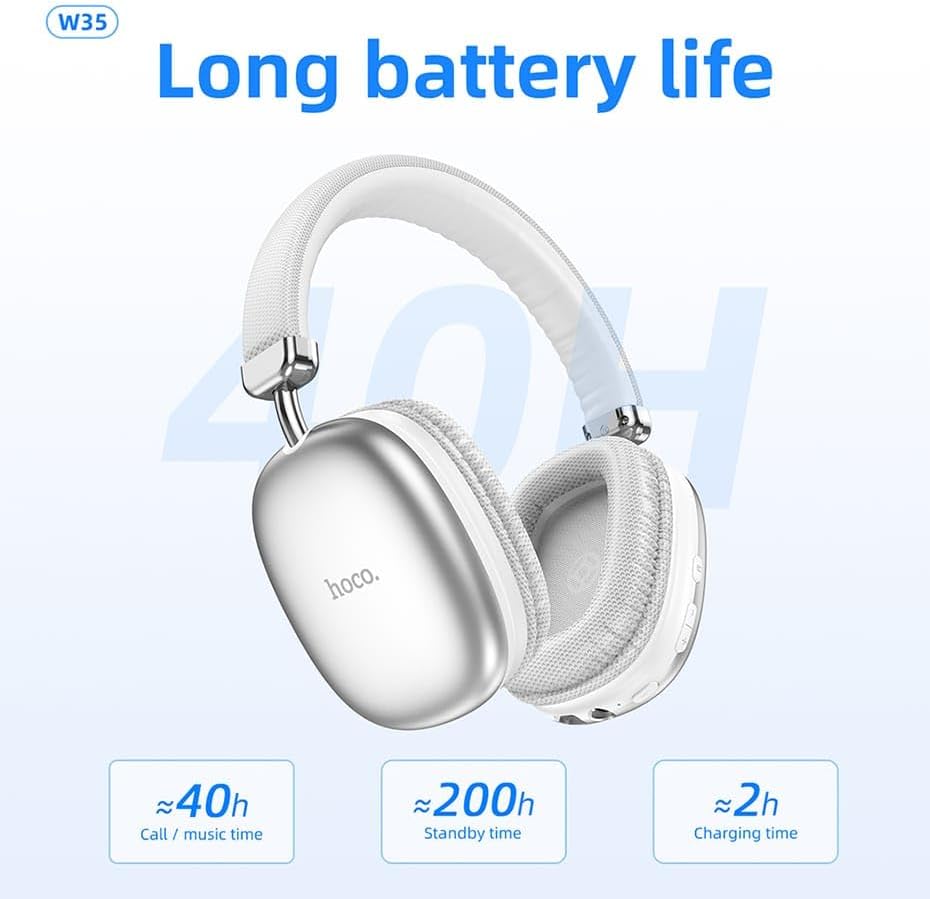 (Local Pickup only) HOCO W35 MAX Wireless HiFi Music Headphone 42mm Coil Speaker Bluetooth 5.3 Sport Headset Support AUX/TF Card Mode - Silver