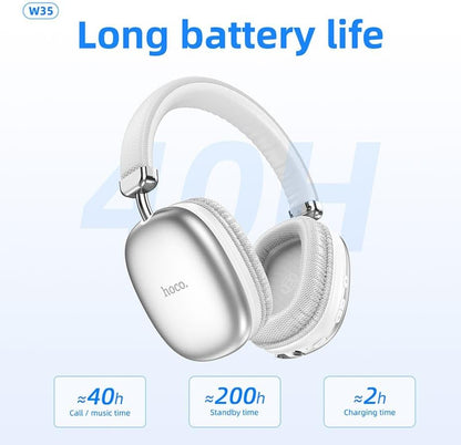 (Local Pickup only) HOCO W35 MAX Wireless HiFi Music Headphone 42mm Coil Speaker Bluetooth 5.3 Sport Headset Support AUX/TF Card Mode - Silver