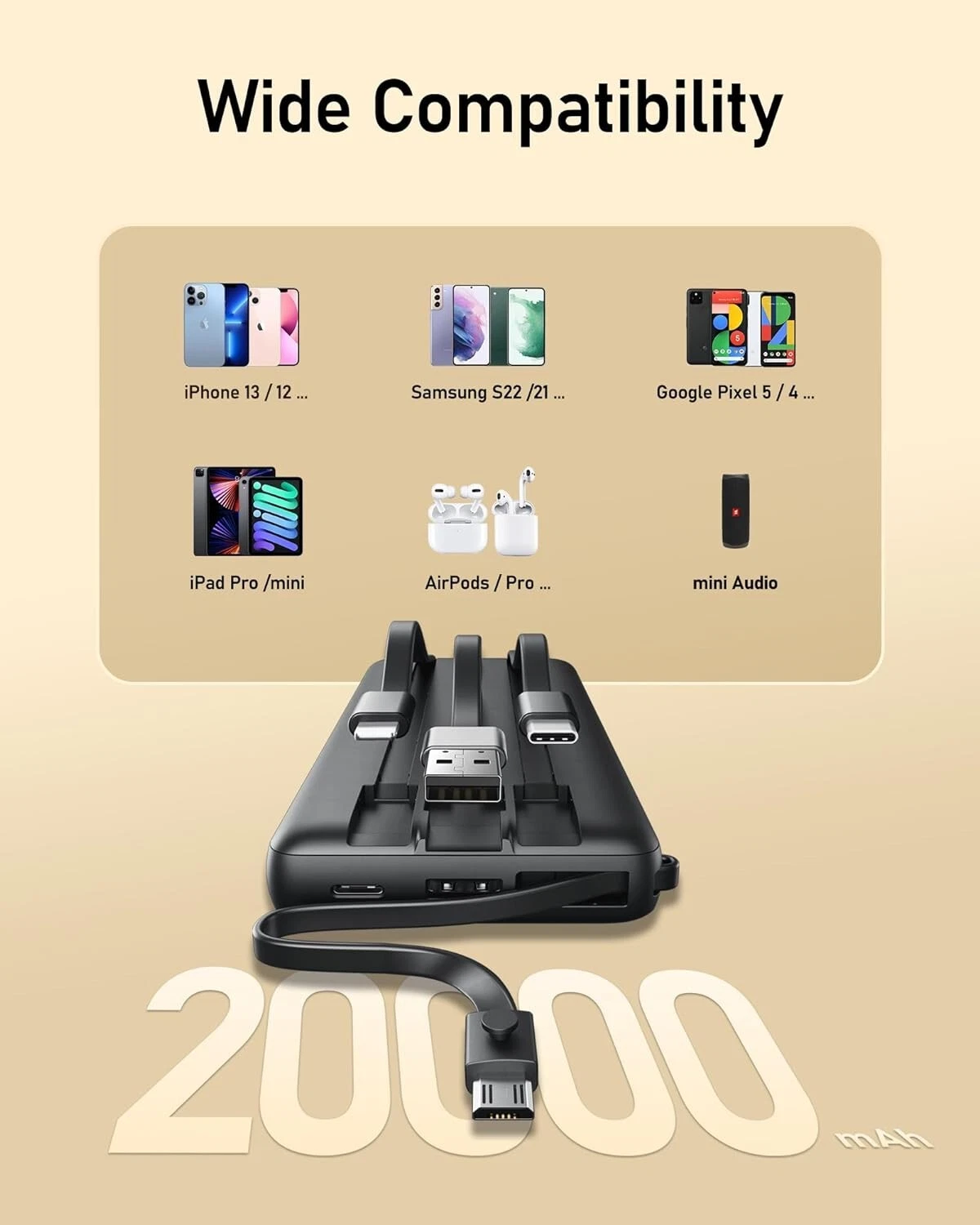VEEKTOMX Power Bank 20,000mAh with Built-in Cables (Black)