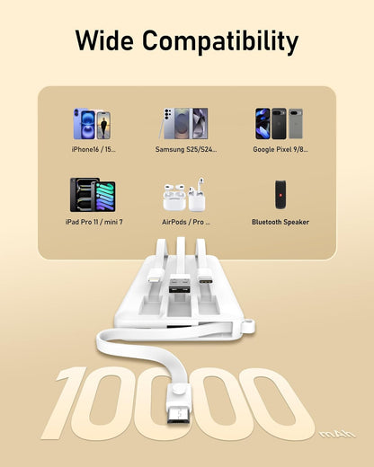 VEEKTOMX Power Bank 10,000mAh with Built-in Cables (White)
