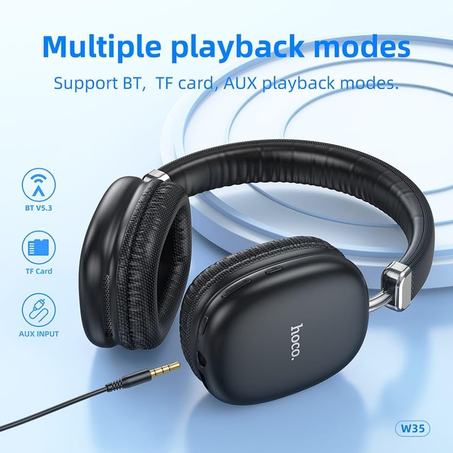 (Local Pickup only) HOCO W35 MAX Wireless HiFi Music Headphone 42mm Coil Speaker Bluetooth 5.3 Sport Headset Support AUX/TF Card Mode - Black