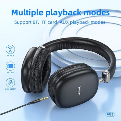 (Local Pickup only) HOCO W35 MAX Wireless HiFi Music Headphone 42mm Coil Speaker Bluetooth 5.3 Sport Headset Support AUX/TF Card Mode - Black