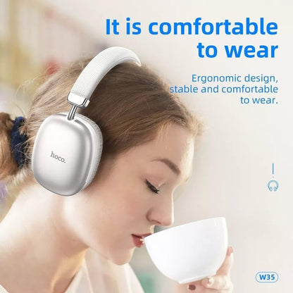 (Local Pickup only) HOCO W35 MAX Wireless HiFi Music Headphone 42mm Coil Speaker Bluetooth 5.3 Sport Headset Support AUX/TF Card Mode - Silver
