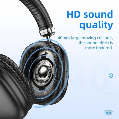 (Local Pickup only) HOCO W35 MAX Wireless HiFi Music Headphone 42mm Coil Speaker Bluetooth 5.3 Sport Headset Support AUX/TF Card Mode - Black