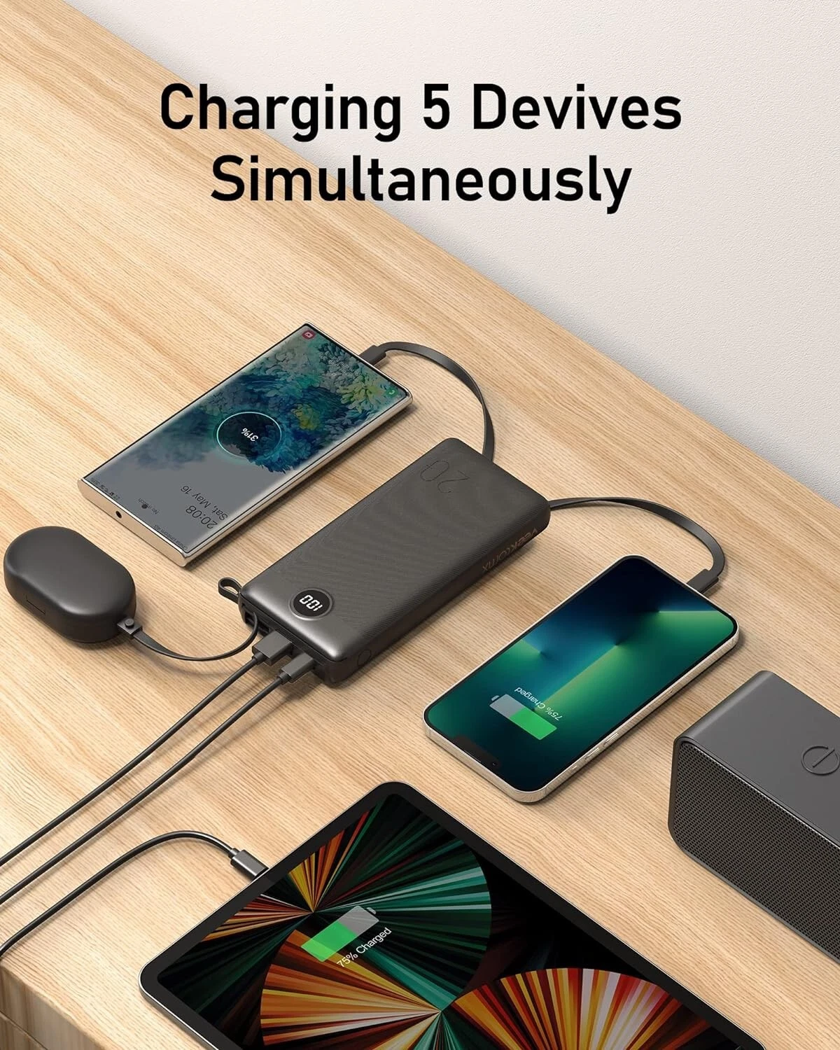 VEEKTOMX Power Bank 20,000mAh with Built-in Cables (Black)