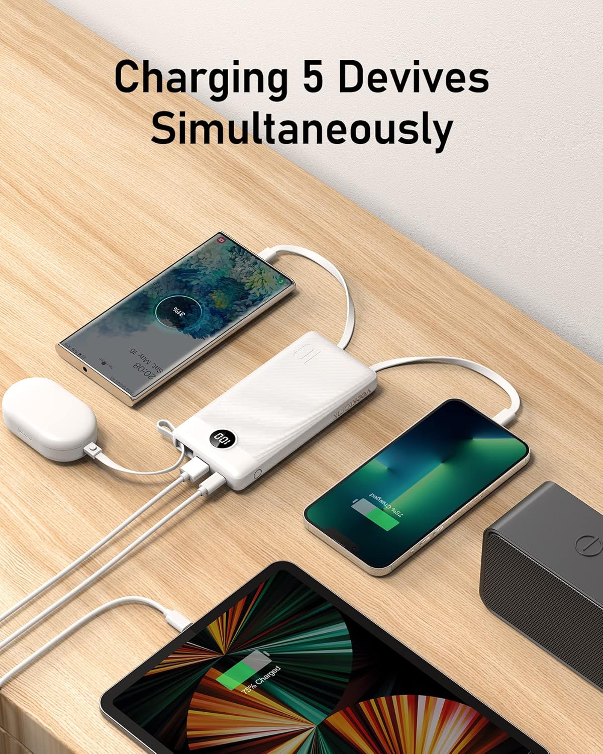 VEEKTOMX Power Bank 10,000mAh with Built-in Cables (White)