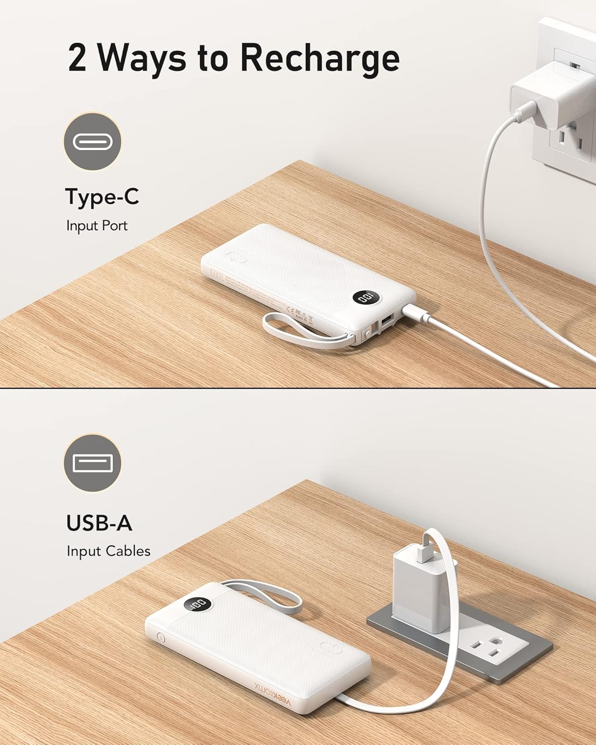 VEEKTOMX Power Bank 10,000mAh with Built-in Cables (White)