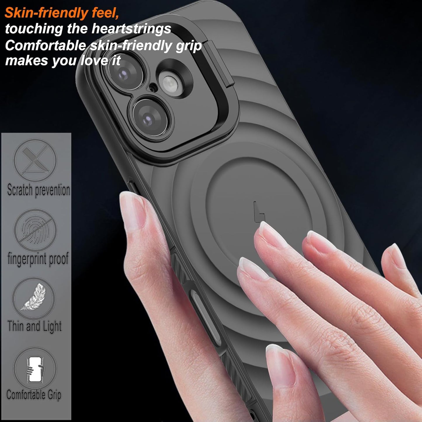 For Apple iPhone 17 Magnetic Magsafe Case Back Camera Holder Ripple Cover (Black)